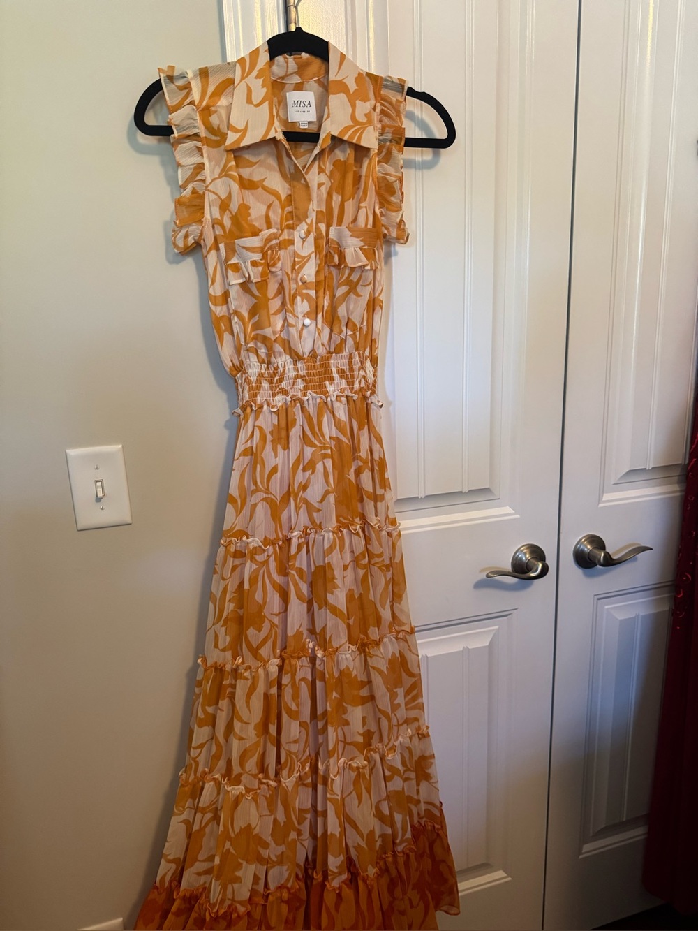 Misa Los Angeles Cream and Mustard Floral Ruffle Maxi Dress